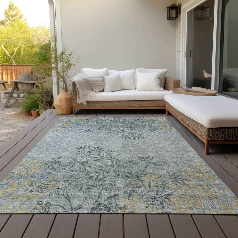 3' X 5' Gray Charcoal And Gold Floral Washable Indoor Outdoor Area Rug