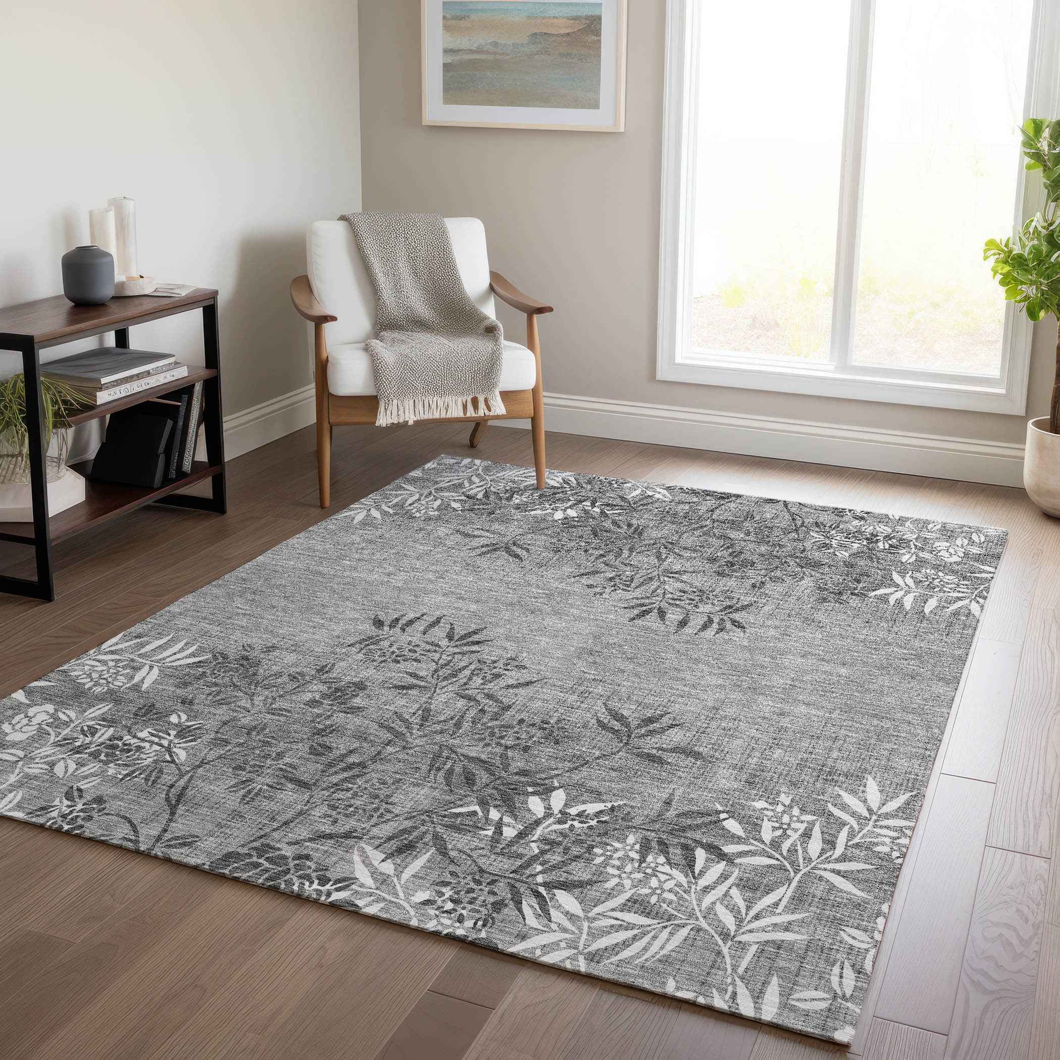 8' X 10' Gray Charcoal And Ivory Floral Washable Indoor Outdoor Area Rug
