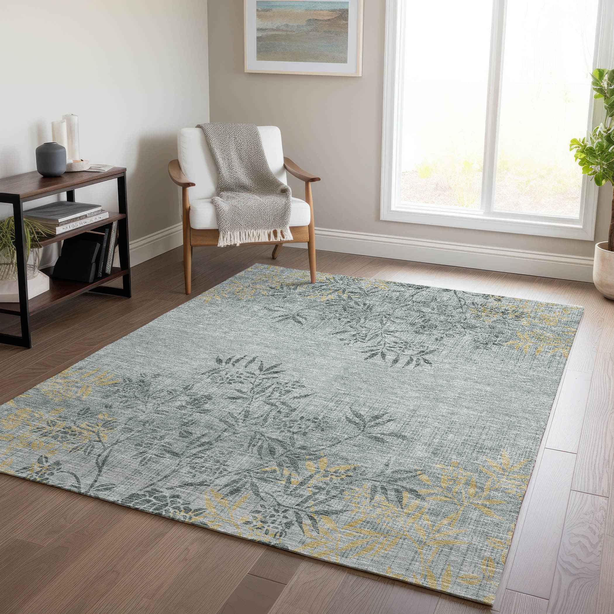 5' X 8' Gray Charcoal And Gold Floral Washable Indoor Outdoor Area Rug
