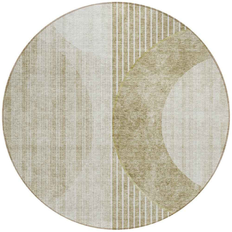 8' Taupe Beige And Tan Round Geometric Washable Indoor Outdoor Area Rug
