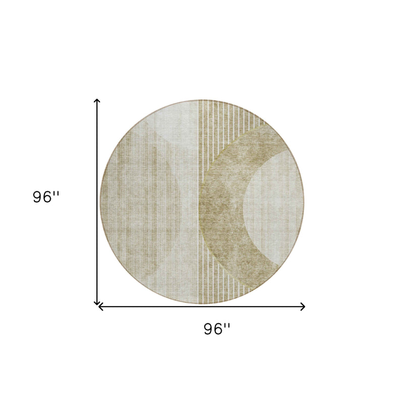 8' Taupe Beige And Tan Round Geometric Washable Indoor Outdoor Area Rug