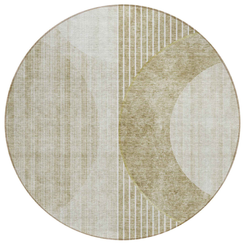 8' Taupe Beige And Tan Round Geometric Washable Indoor Outdoor Area Rug