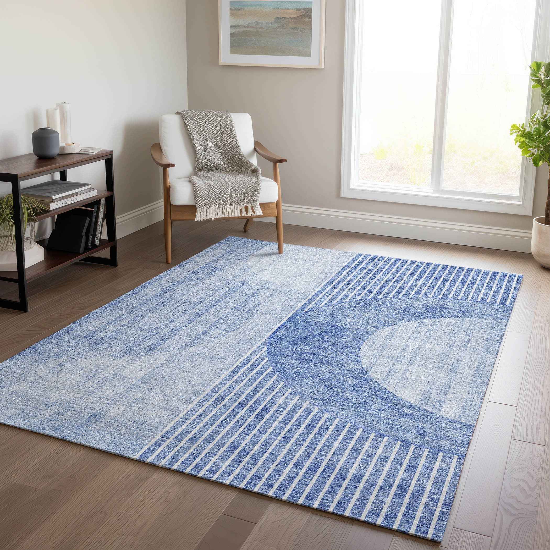 8' X 10' Denim Blue And Sky Blue Geometric Washable Indoor Outdoor Area Rug