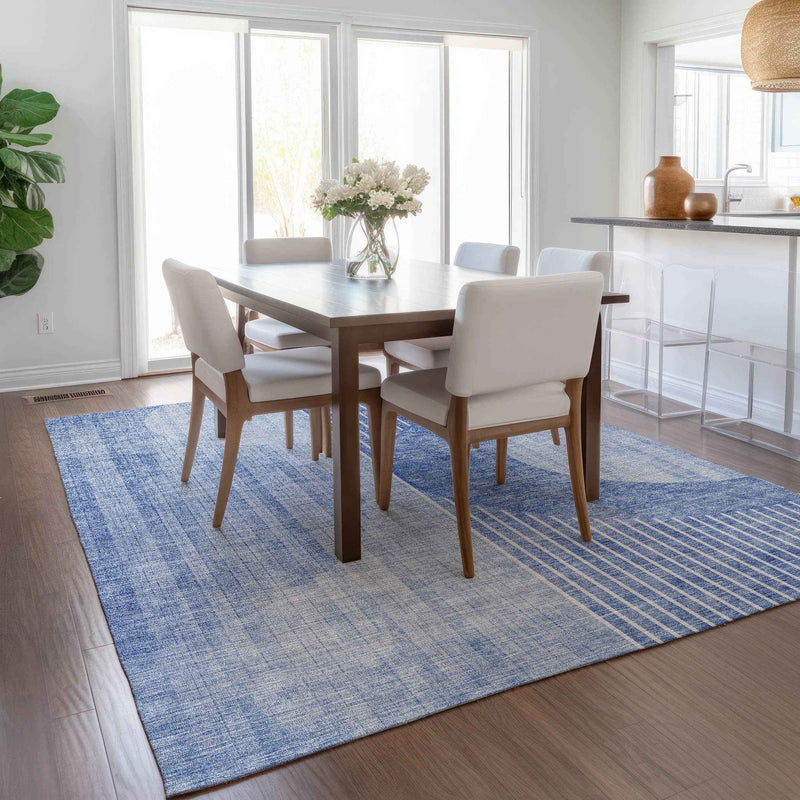 8' X 10' Denim Blue And Sky Blue Geometric Washable Indoor Outdoor Area Rug