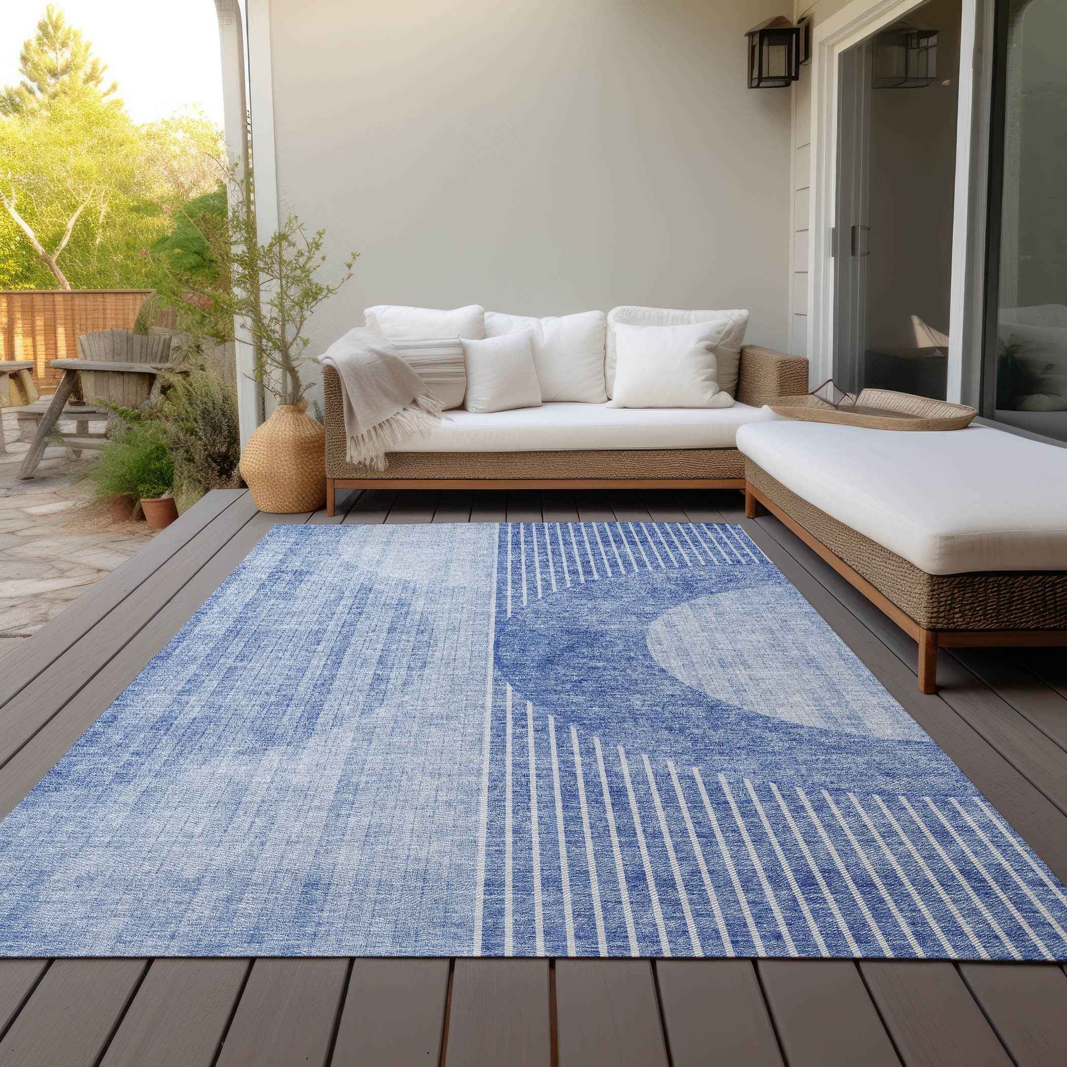 8' X 10' Denim Blue And Sky Blue Geometric Washable Indoor Outdoor Area Rug
