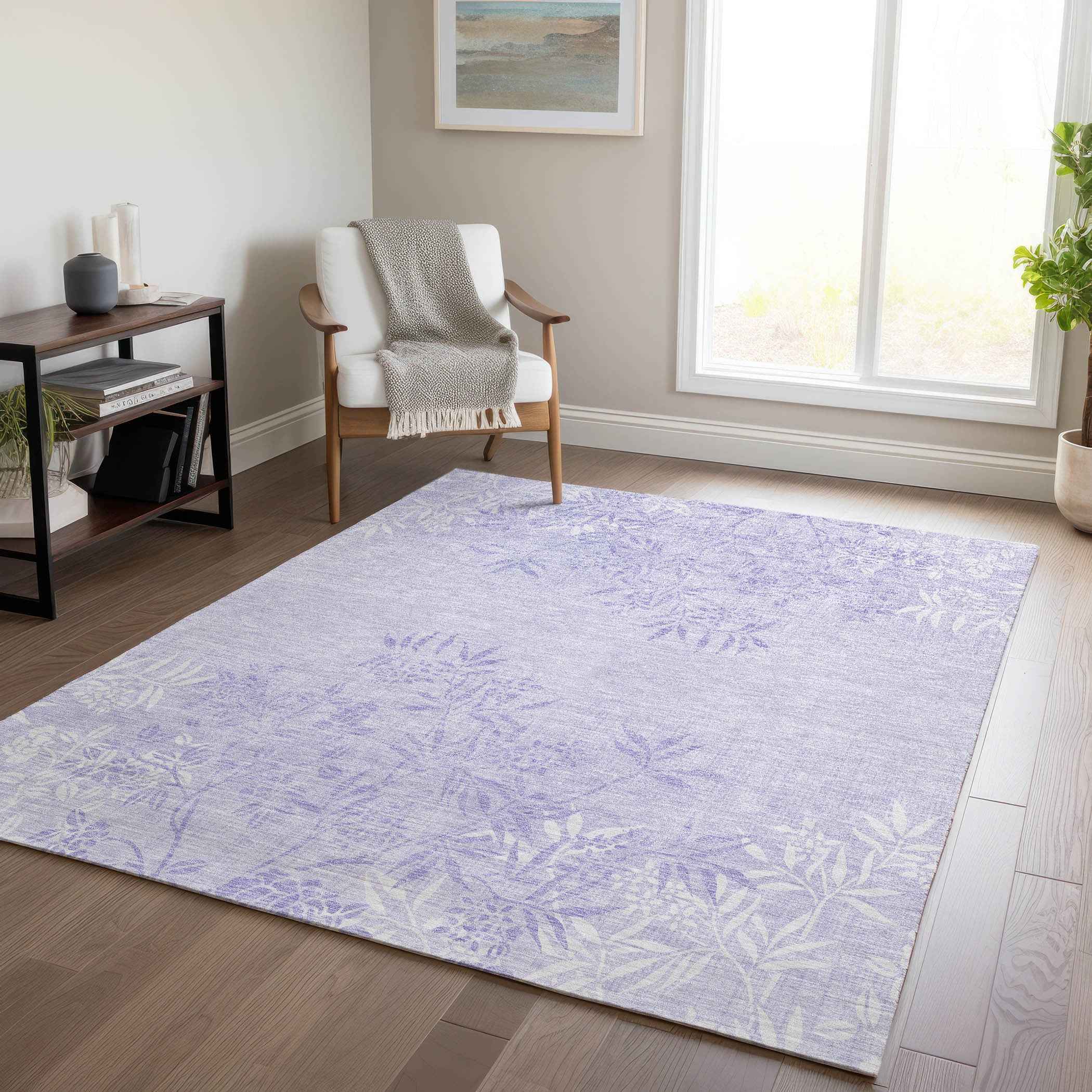 9' X 12' Lilac Purple And Ivory Floral Washable Indoor Outdoor Area Rug