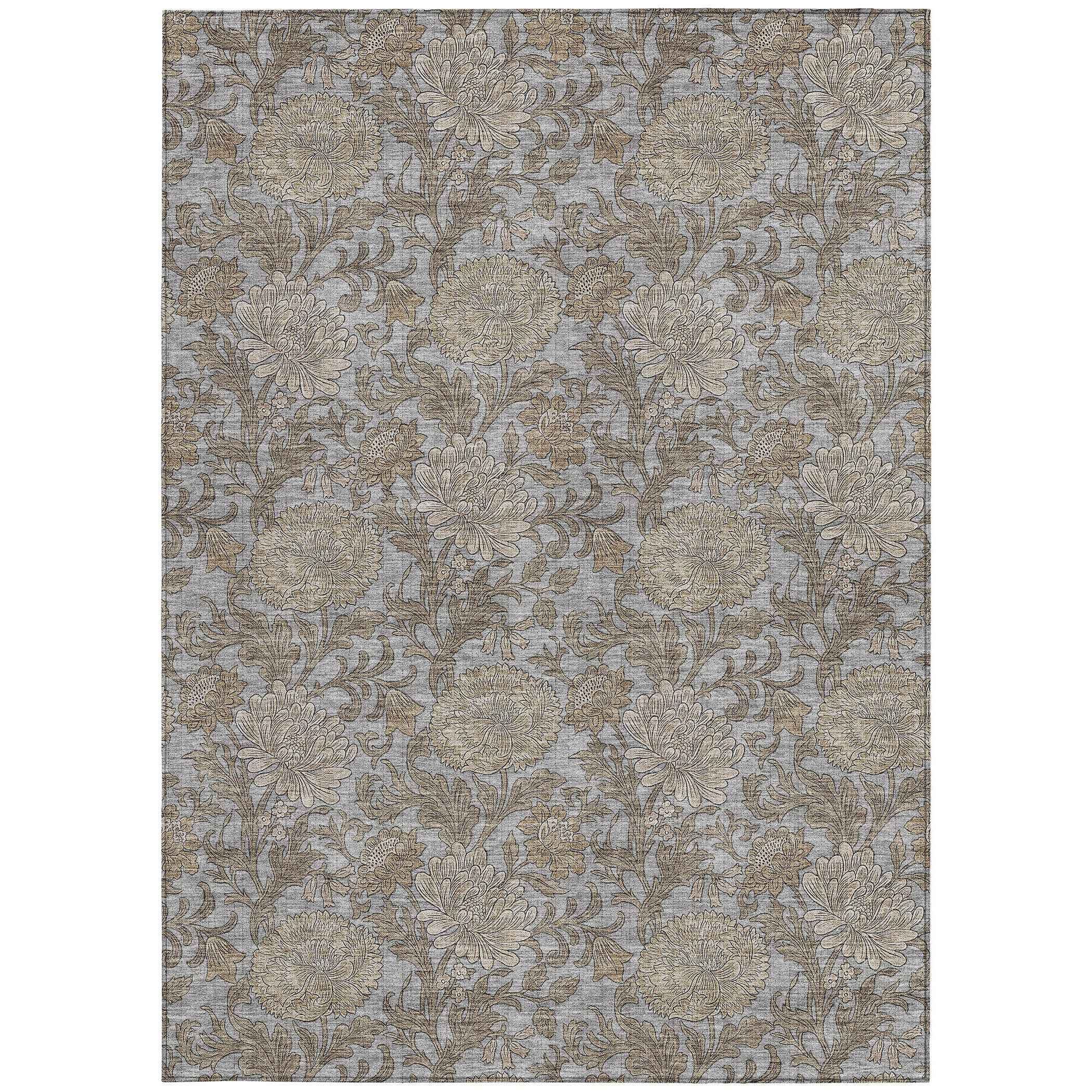 3' X 5' Gray Silver And Taupe Floral Washable Indoor Outdoor Area Rug