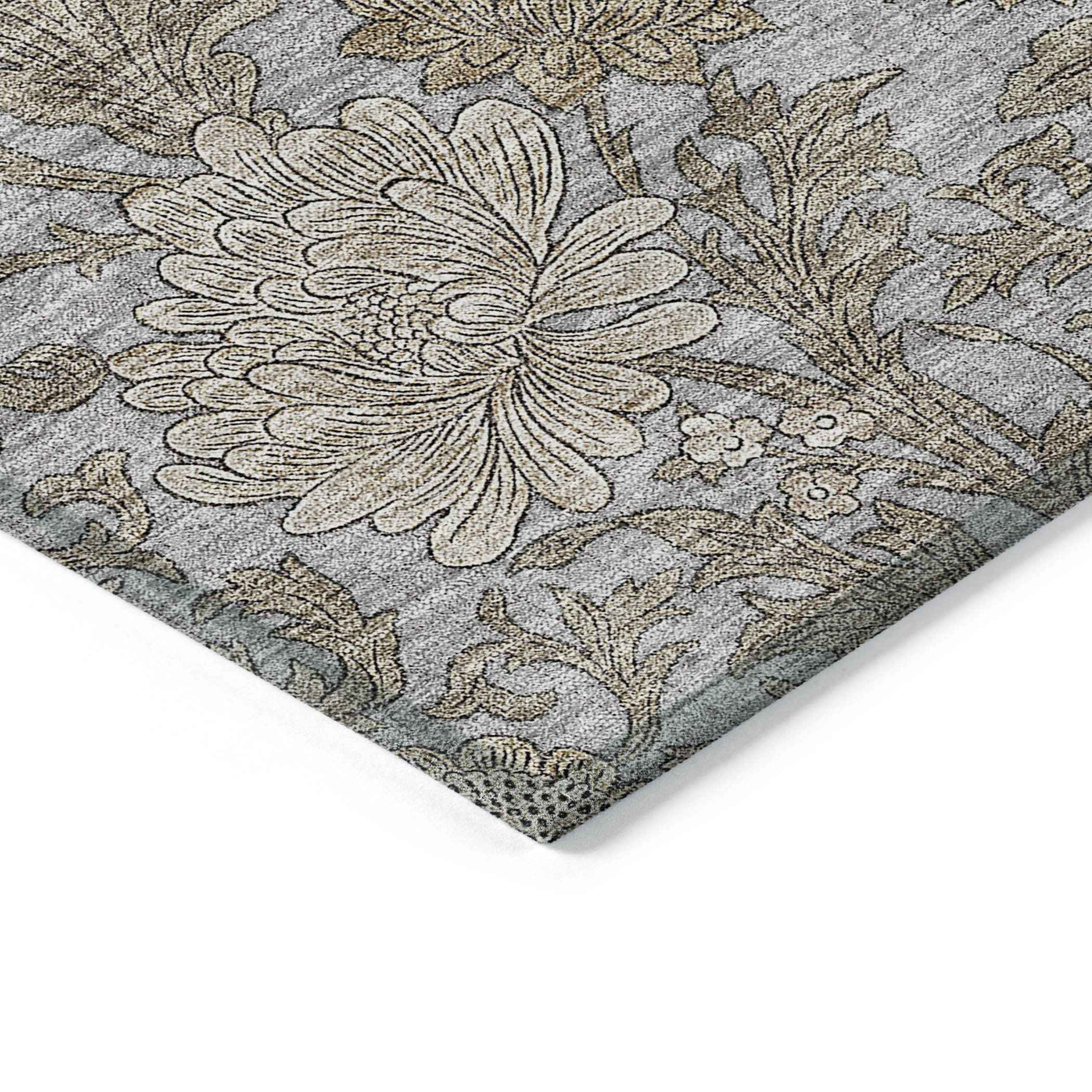 3' X 5' Gray Silver And Taupe Floral Washable Indoor Outdoor Area Rug