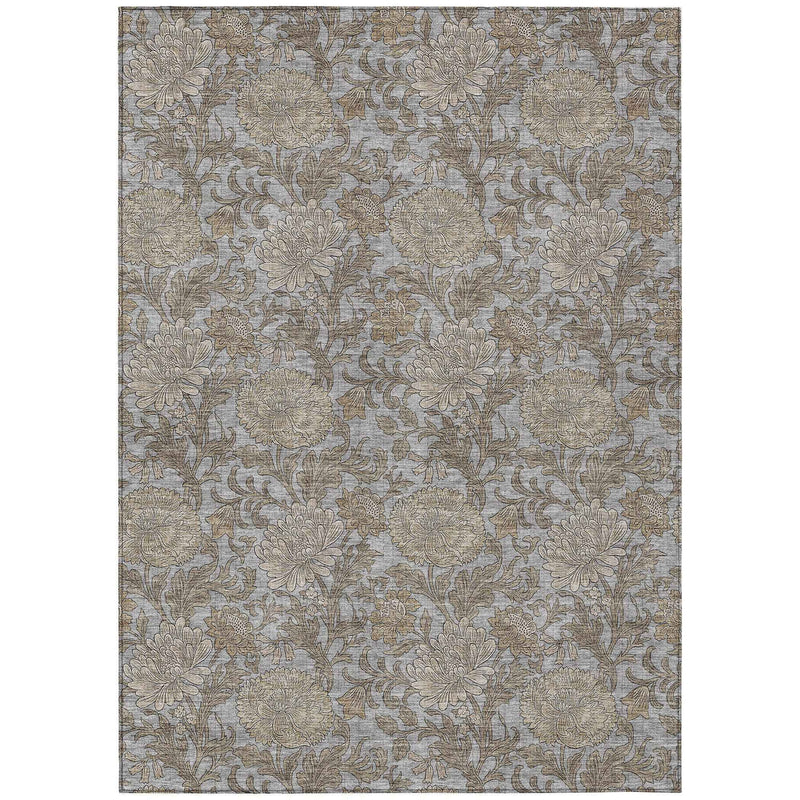 3' X 5' Gray Silver And Taupe Floral Washable Indoor Outdoor Area Rug