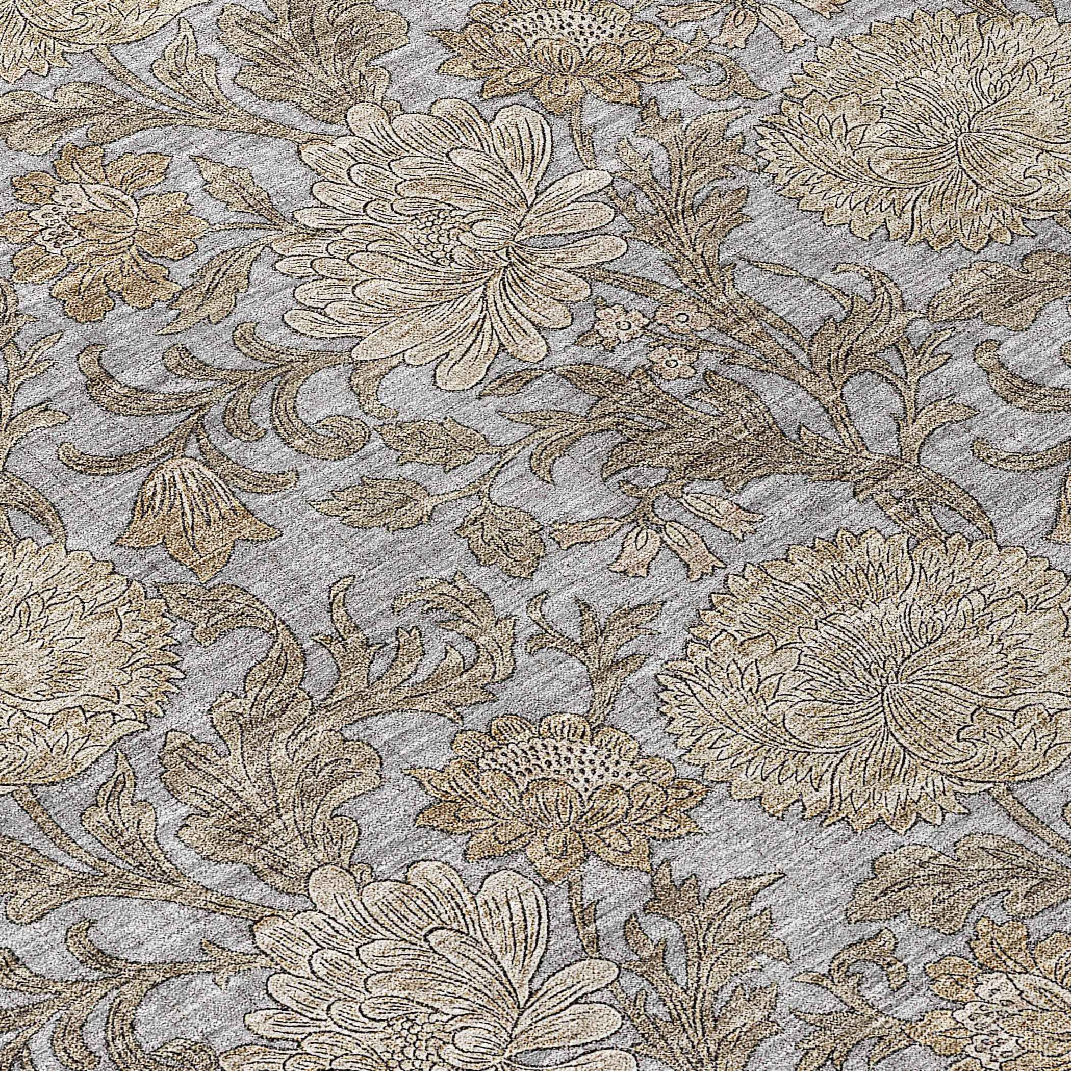 3' X 5' Gray Silver And Taupe Floral Washable Indoor Outdoor Area Rug