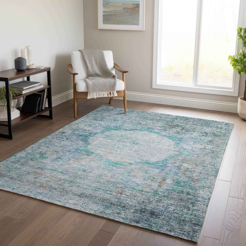 10' X 14' Teal Blue Aqua And Gray Oriental Washable Indoor Outdoor Area Rug