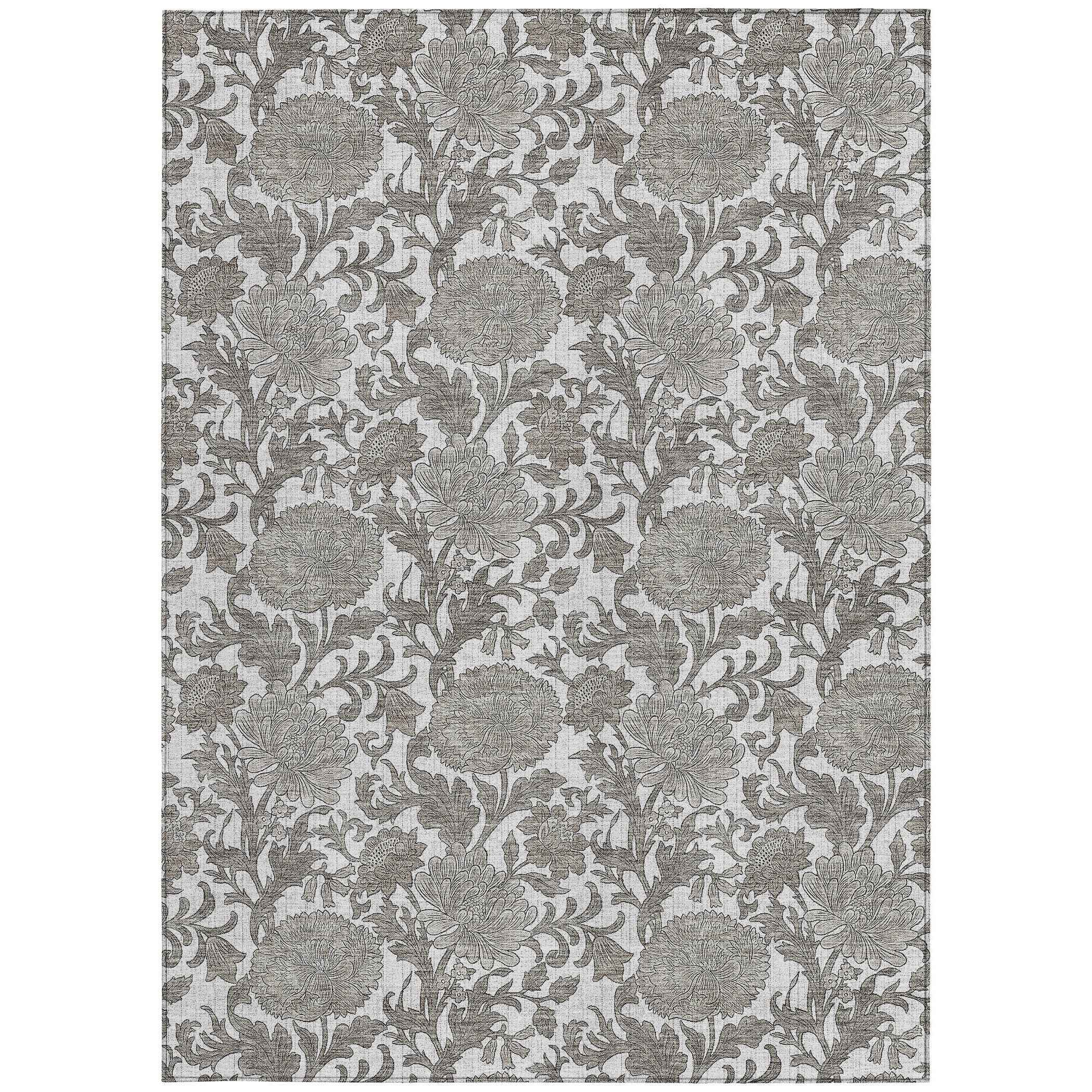 5' X 8' Ivory And Gray Floral Washable Indoor Outdoor Area Rug