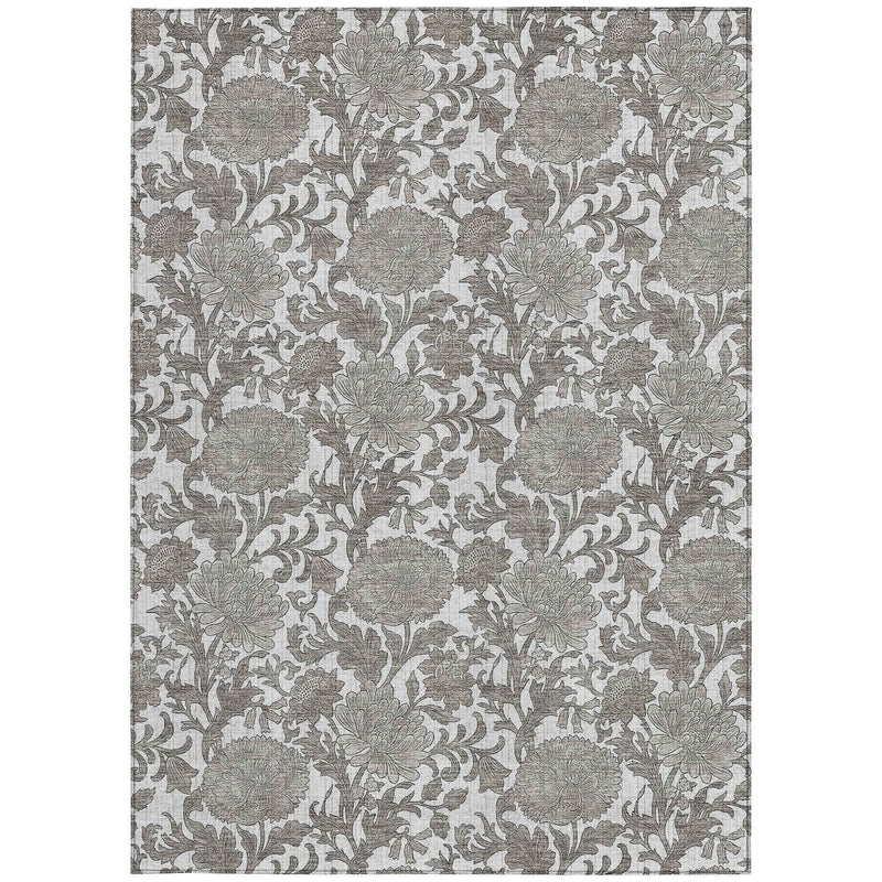 5' X 8' Ivory And Gray Floral Washable Indoor Outdoor Area Rug