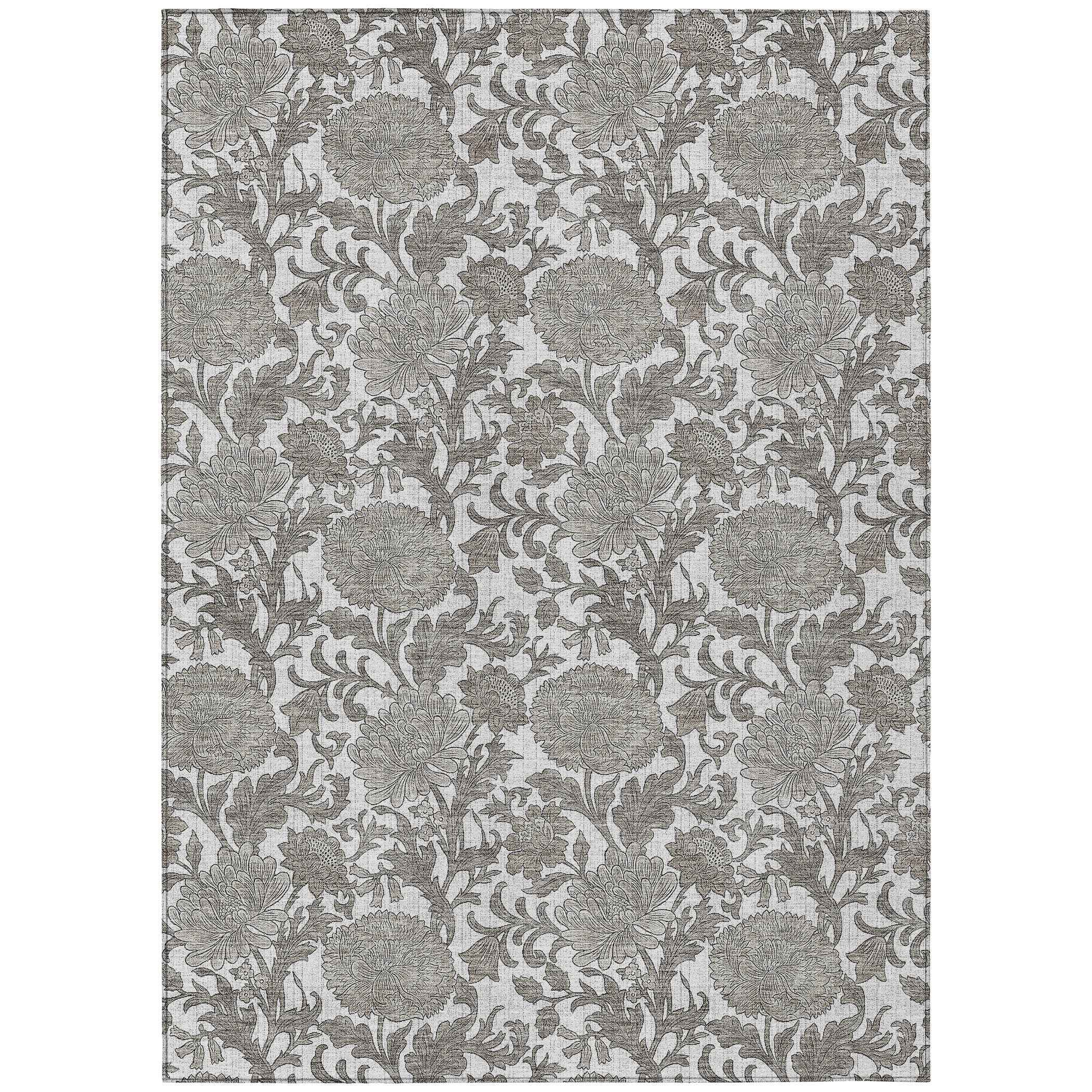 5' X 8' Ivory And Gray Floral Washable Indoor Outdoor Area Rug
