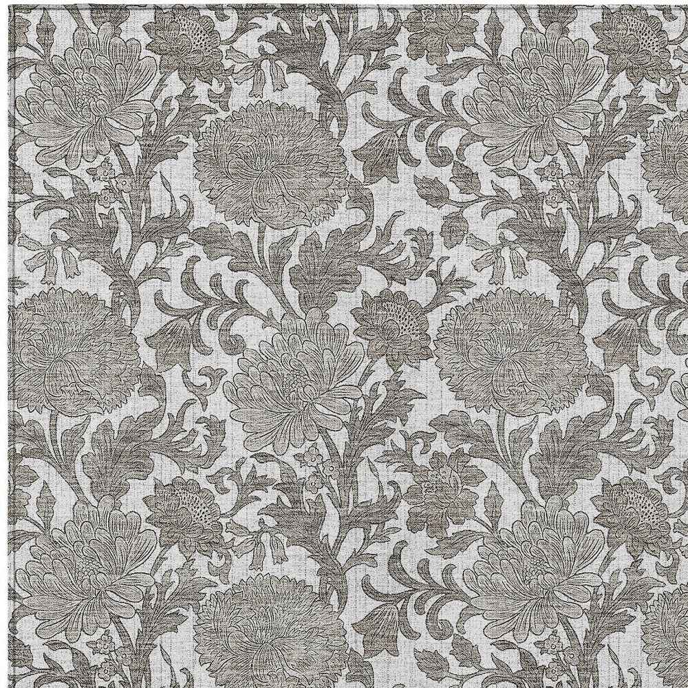 5' X 8' Ivory And Gray Floral Washable Indoor Outdoor Area Rug