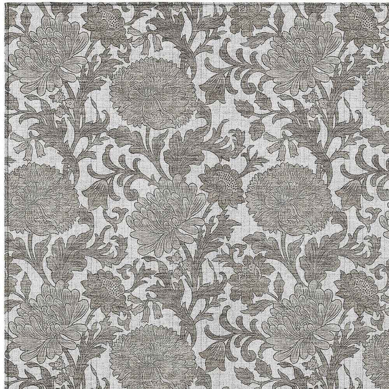 5' X 8' Ivory And Gray Floral Washable Indoor Outdoor Area Rug