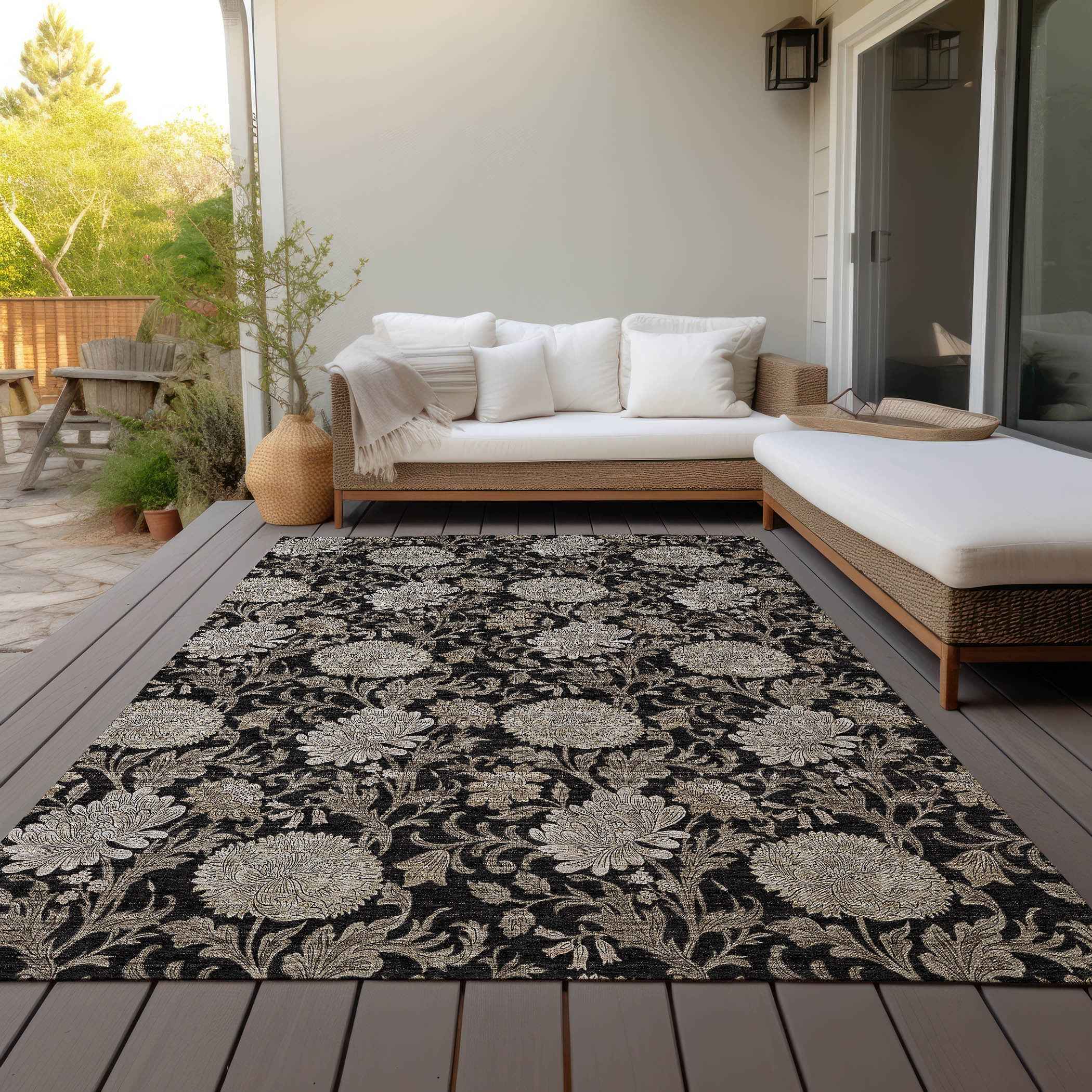9' X 12' Black Taupe And Beige Floral Washable Indoor Outdoor Area Rug