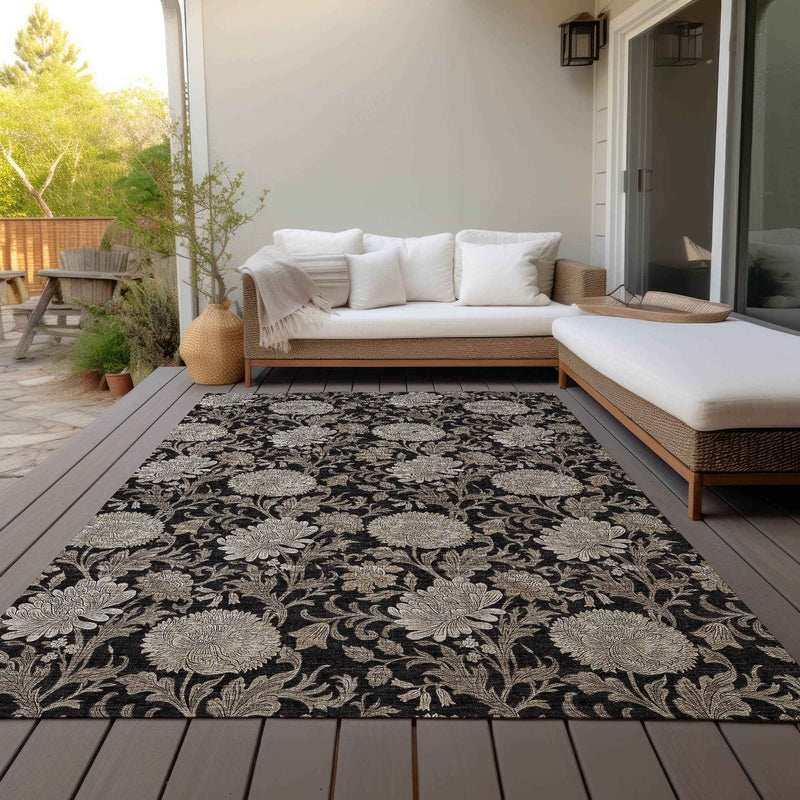 3' X 5' Black Taupe And Beige Floral Washable Indoor Outdoor Area Rug