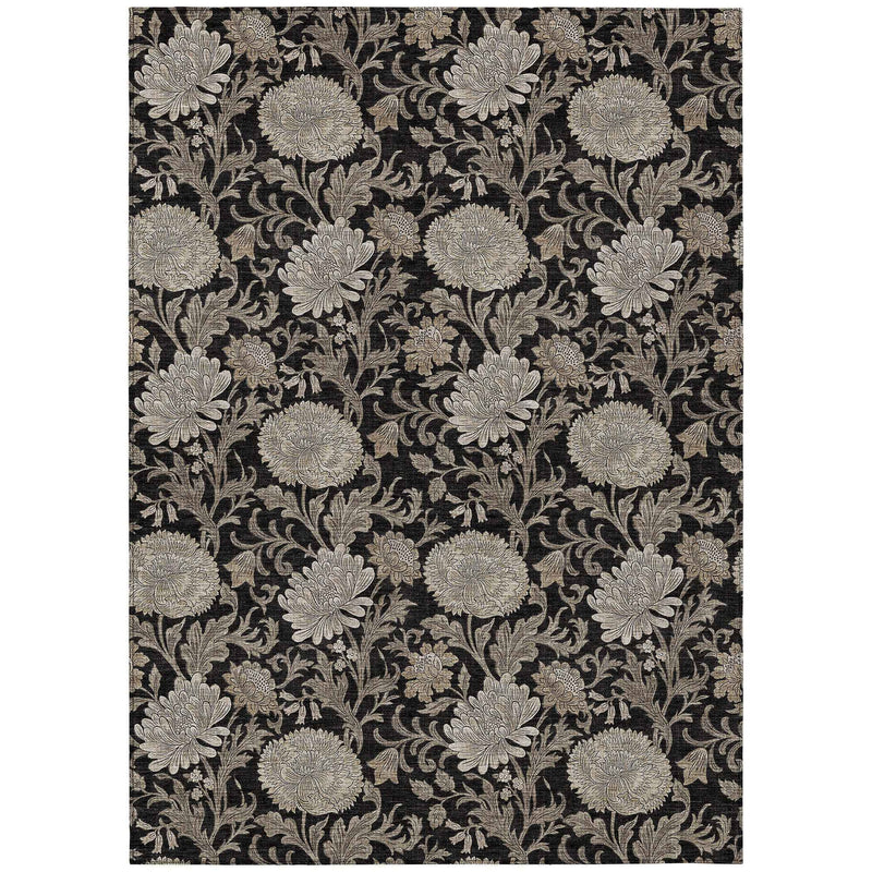 3' X 5' Black Taupe And Beige Floral Washable Indoor Outdoor Area Rug