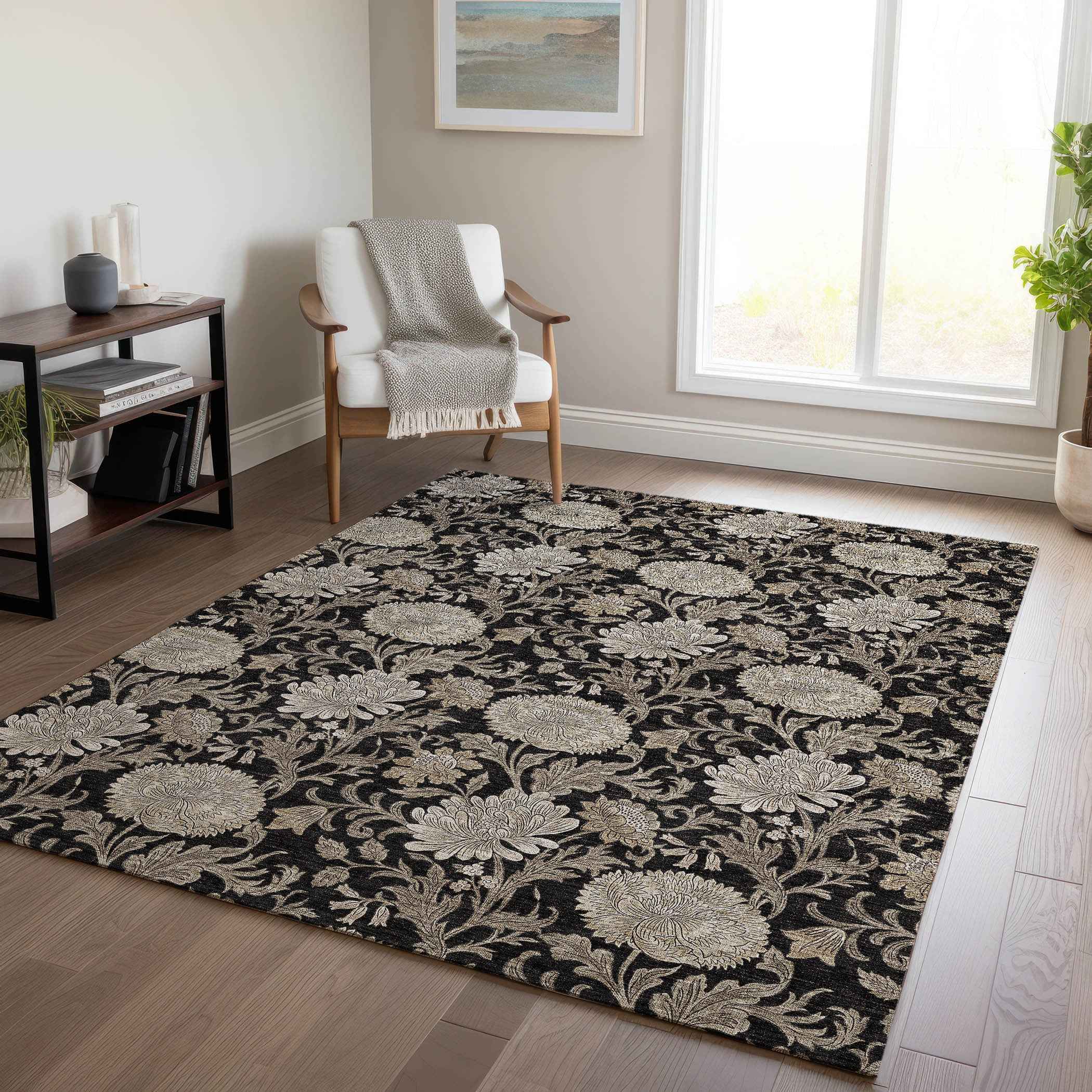 3' X 5' Black Taupe And Beige Floral Washable Indoor Outdoor Area Rug