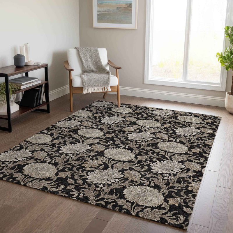 3' X 5' Black Taupe And Beige Floral Washable Indoor Outdoor Area Rug