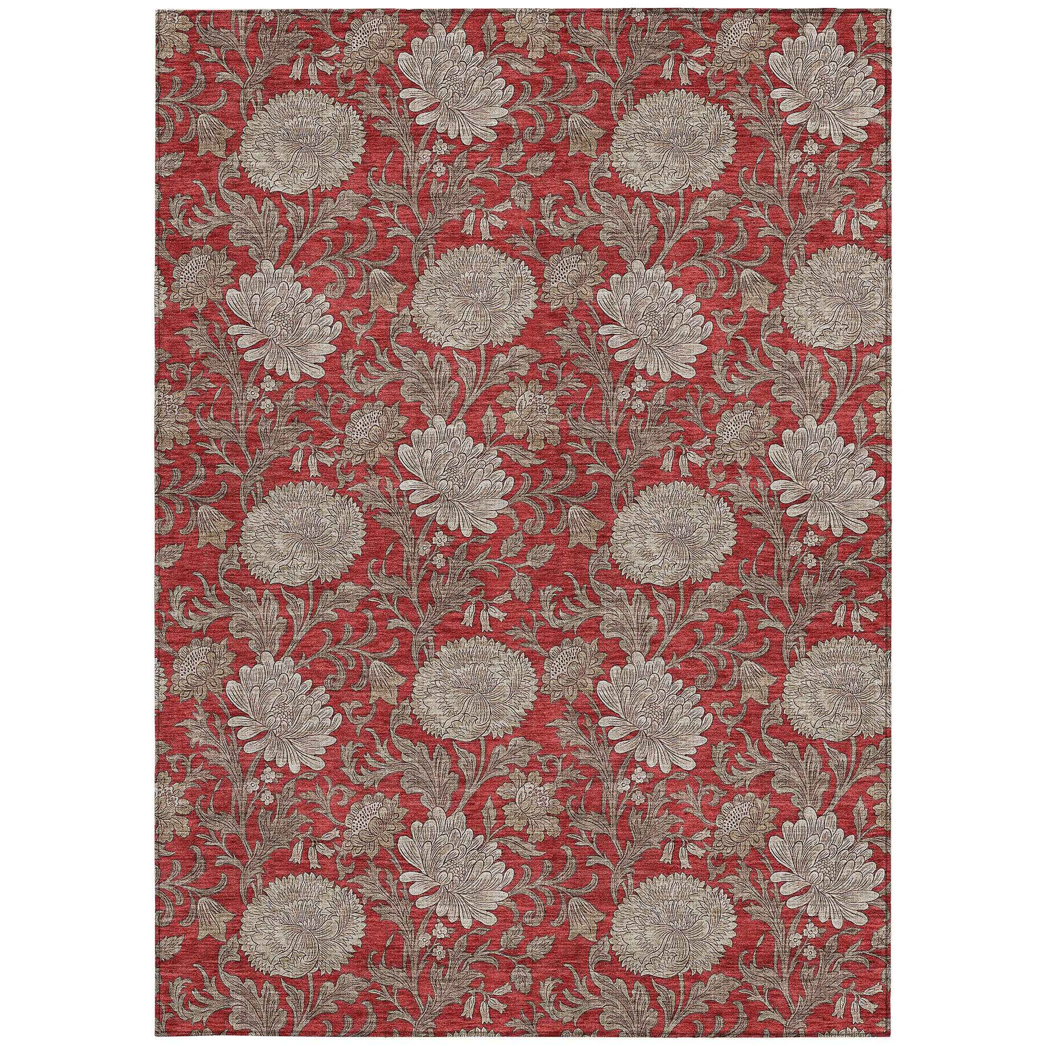 3' X 5' Red Taupe And Beige Floral Washable Indoor Outdoor Area Rug