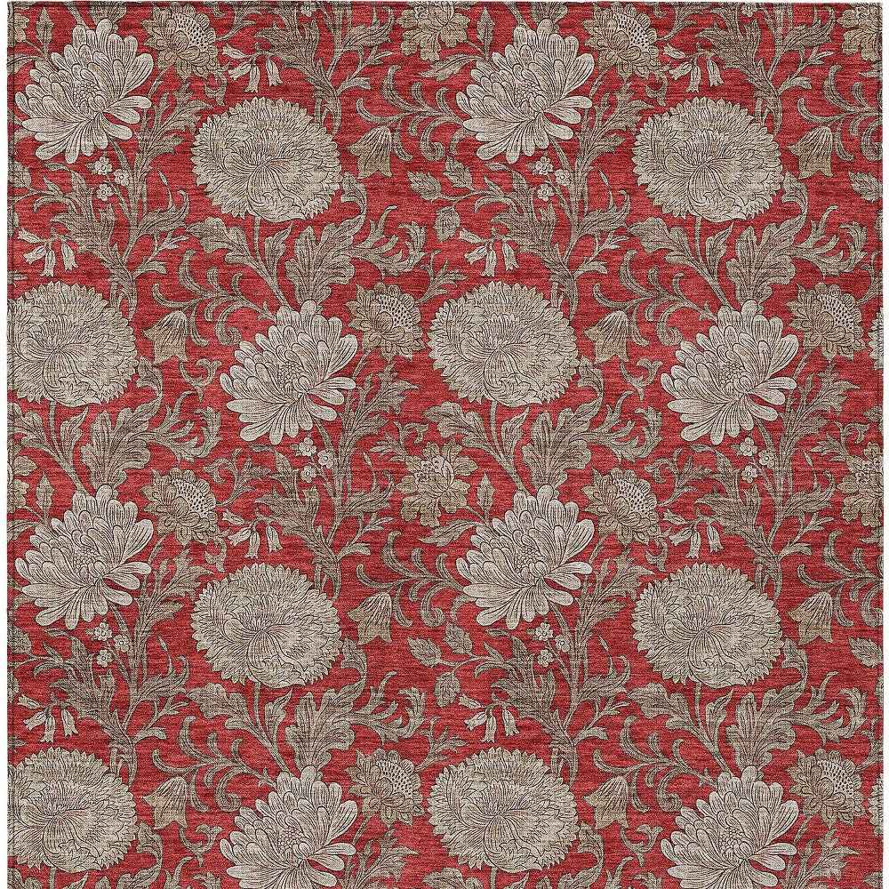 3' X 5' Red Taupe And Beige Floral Washable Indoor Outdoor Area Rug