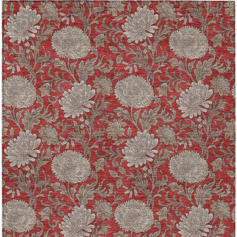 3' X 5' Red Taupe And Beige Floral Washable Indoor Outdoor Area Rug