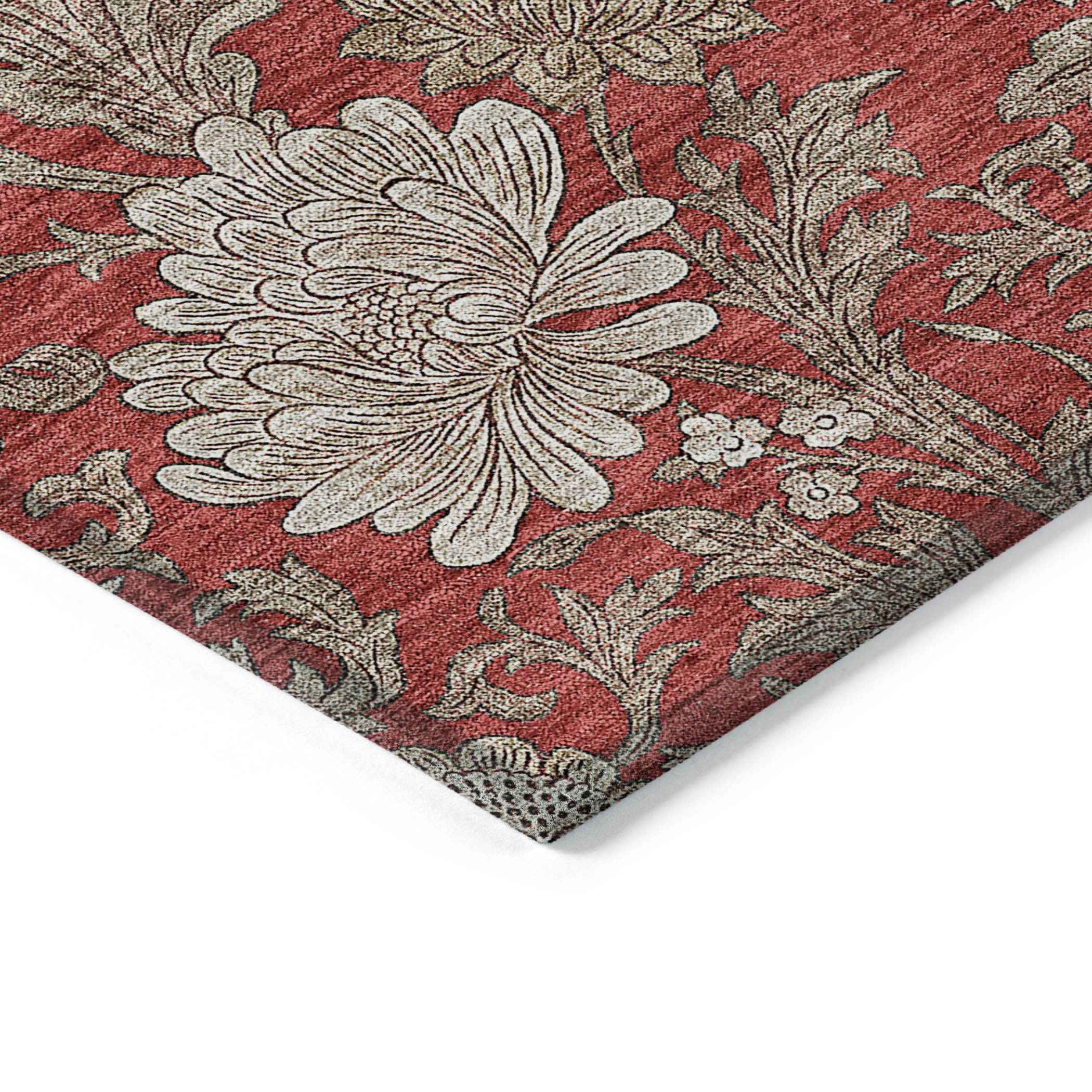 3' X 5' Red Taupe And Beige Floral Washable Indoor Outdoor Area Rug