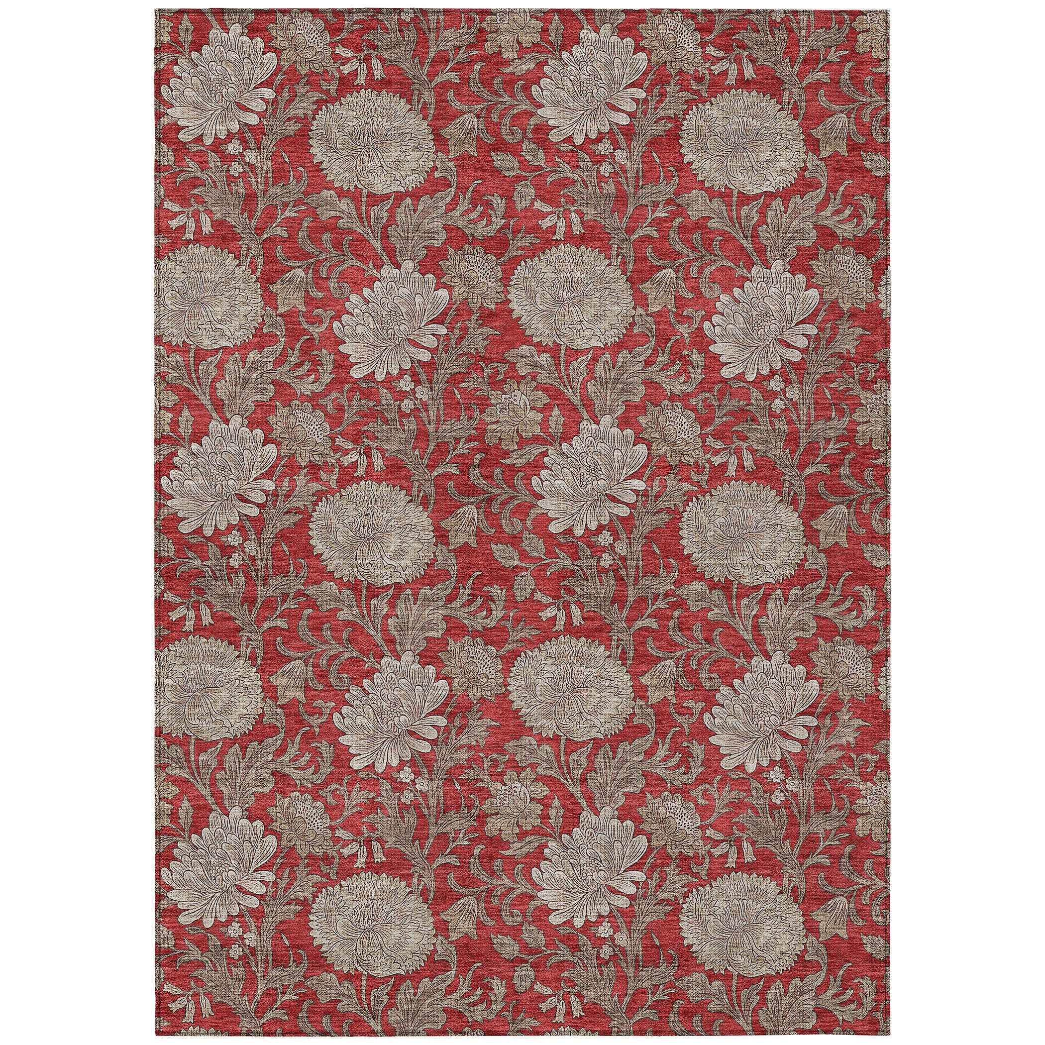 3' X 5' Red Taupe And Beige Floral Washable Indoor Outdoor Area Rug