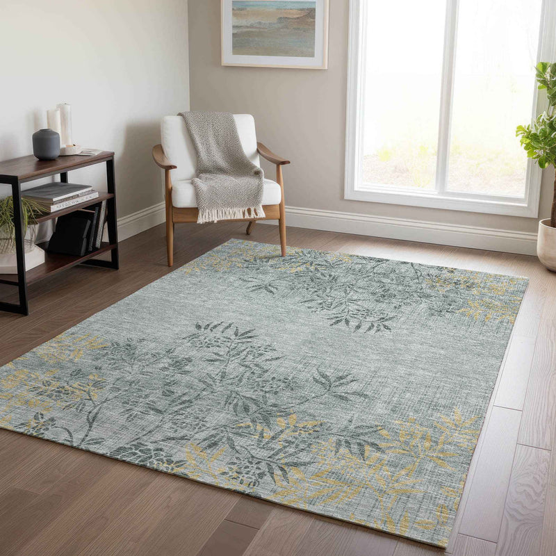8' X 10' Gray Charcoal And Gold Floral Washable Indoor Outdoor Area Rug