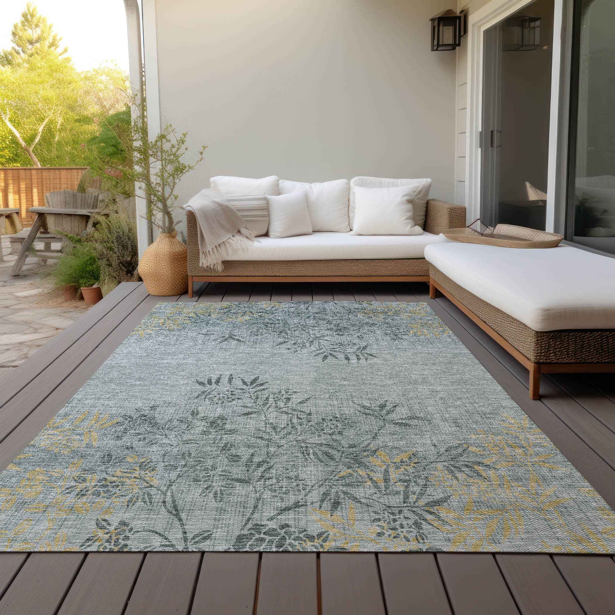 8' X 10' Gray Charcoal And Gold Floral Washable Indoor Outdoor Area Rug