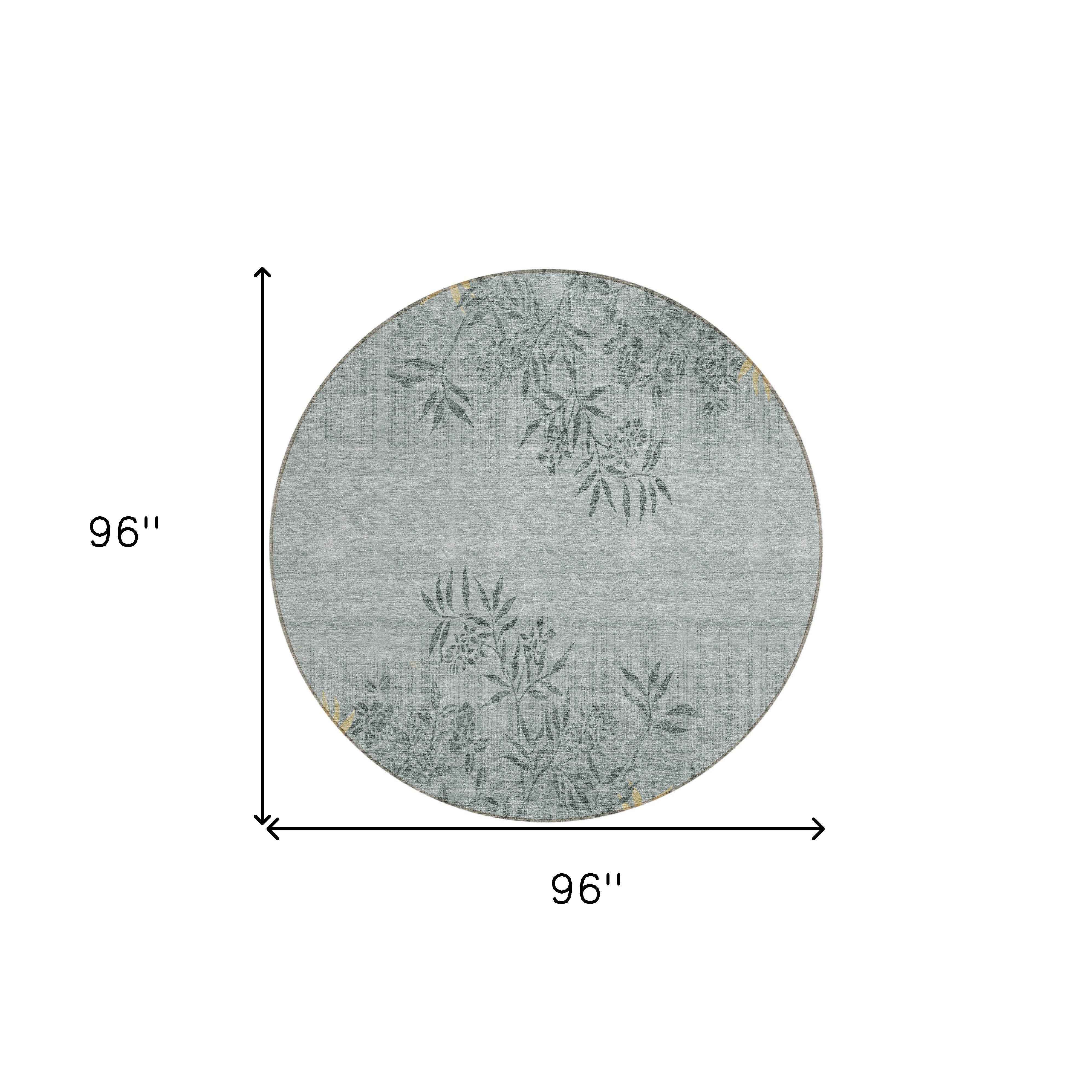 8' Gray Charcoal And Gold Round Floral Washable Indoor Outdoor Area Rug