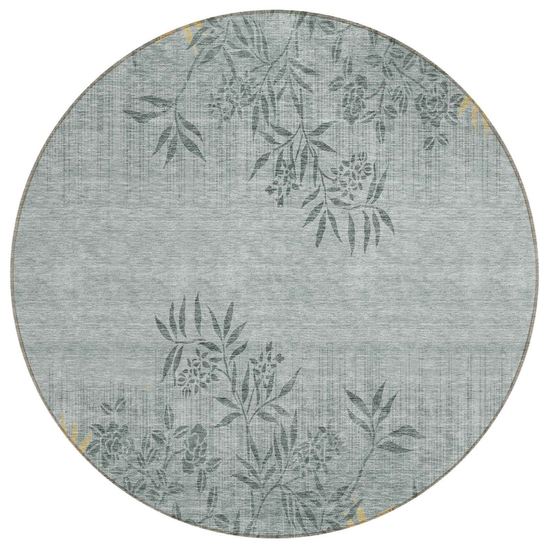 8' Gray Charcoal And Gold Round Floral Washable Indoor Outdoor Area Rug