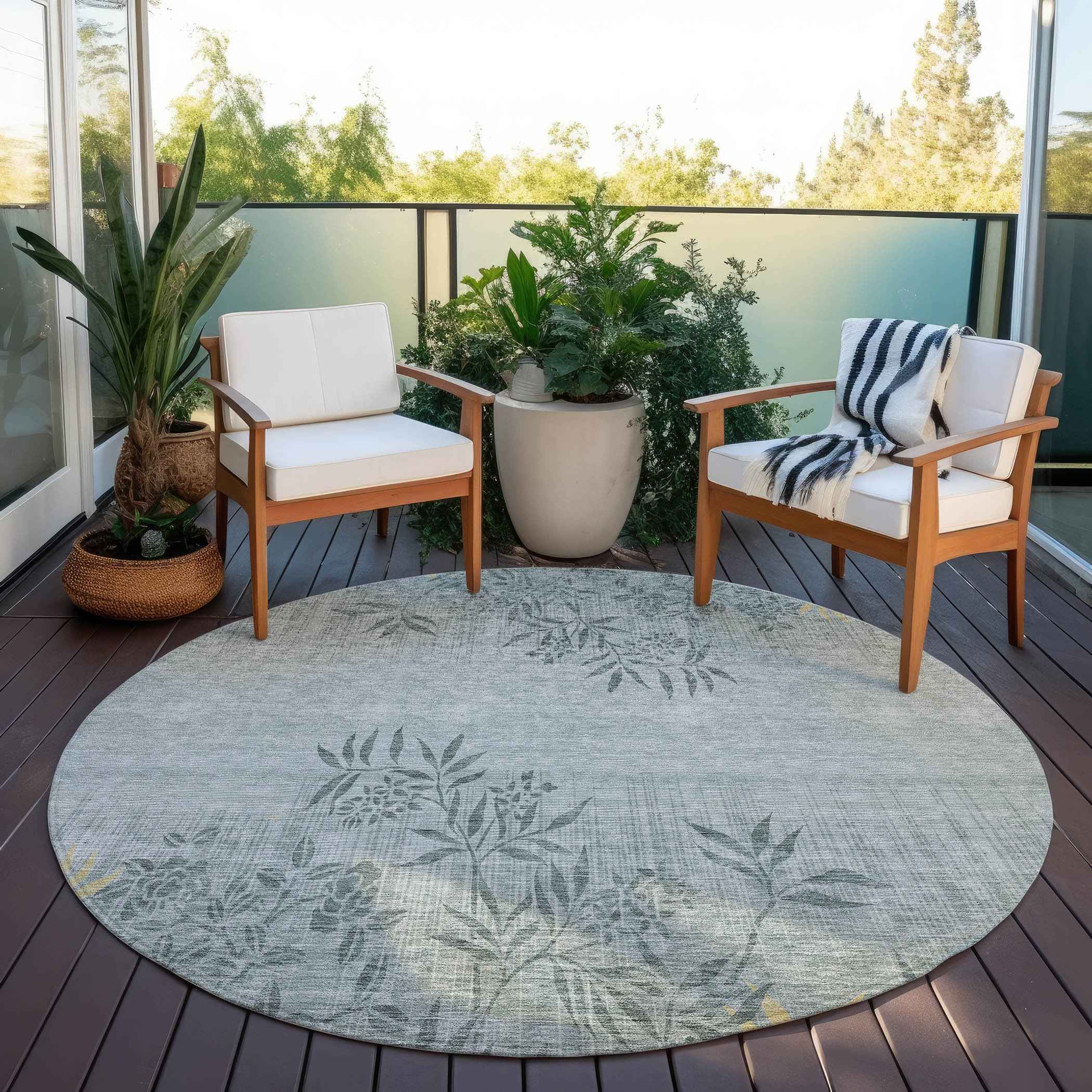 8' Gray Charcoal And Gold Round Floral Washable Indoor Outdoor Area Rug