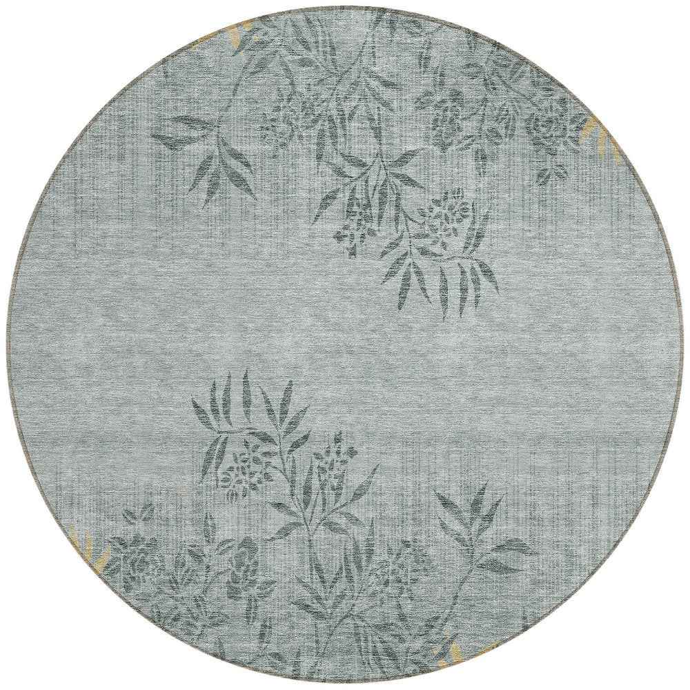 8' Gray Charcoal And Gold Round Floral Washable Indoor Outdoor Area Rug