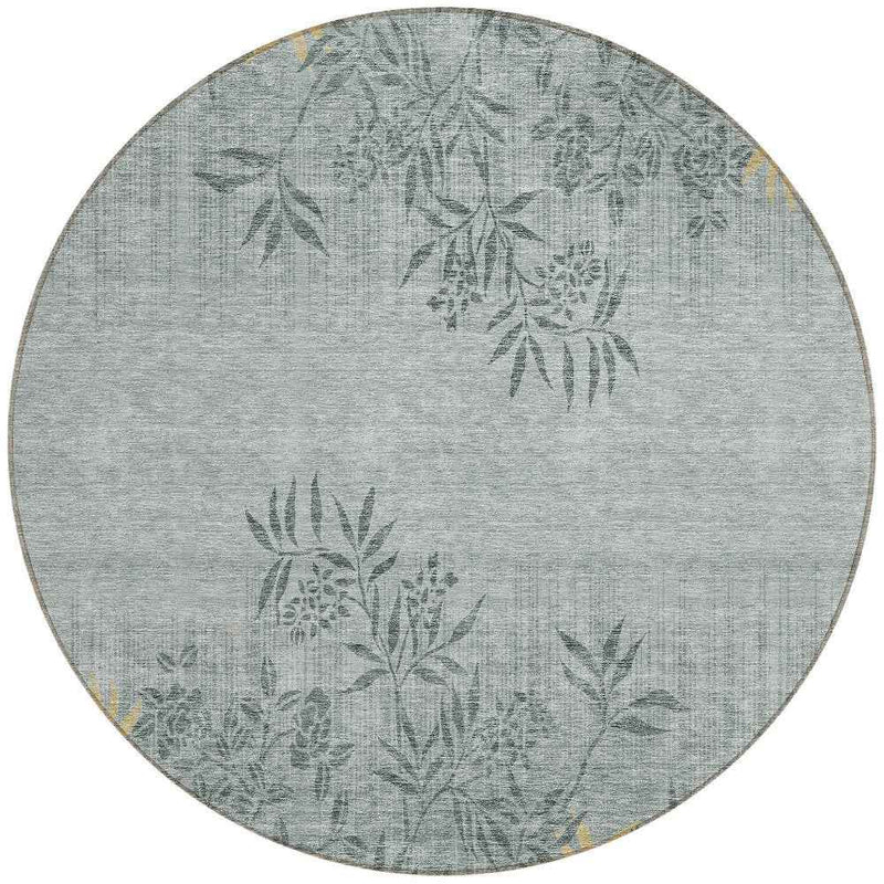 8' Gray Charcoal And Gold Round Floral Washable Indoor Outdoor Area Rug