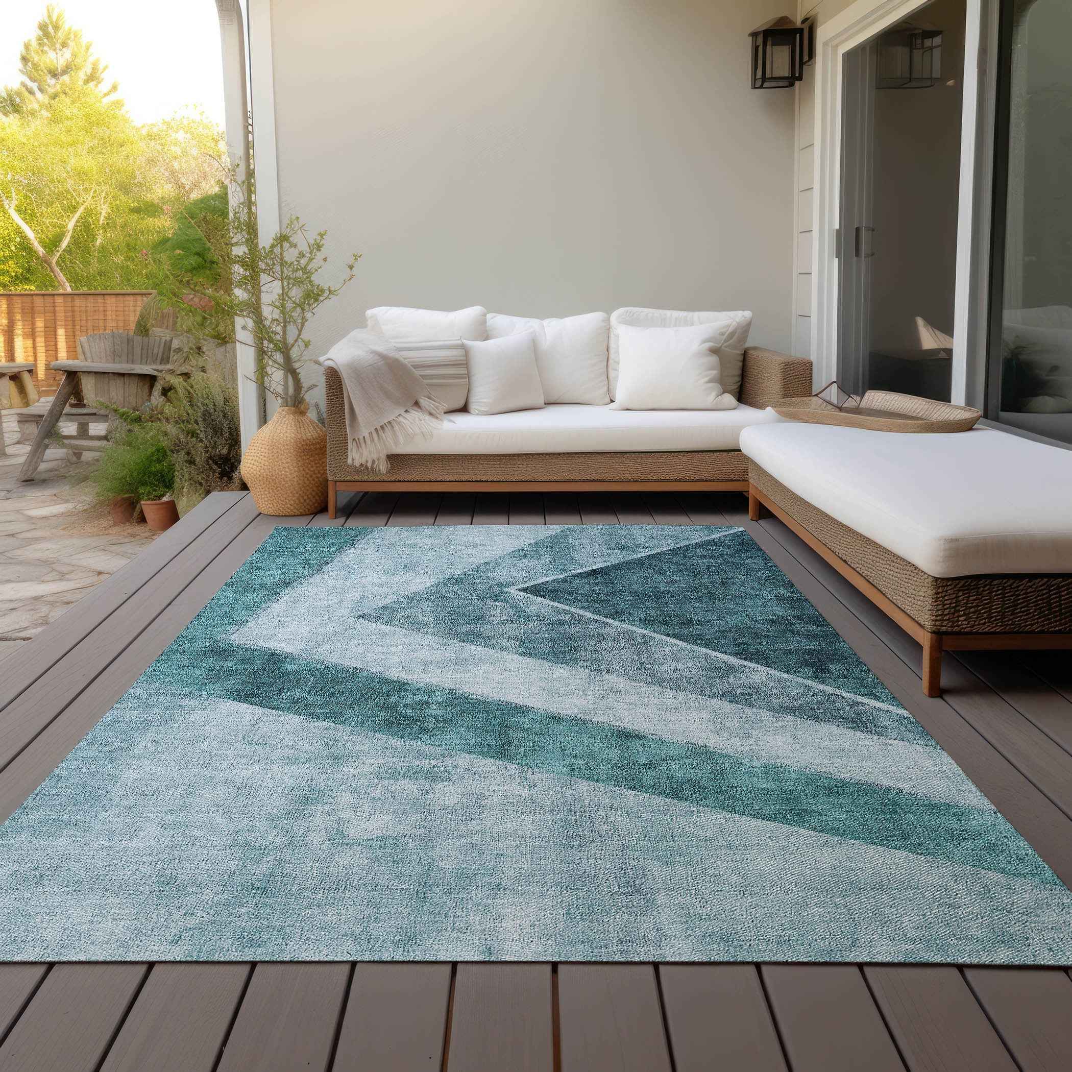 9' X 12' Teal Blue Aqua And Blue Geometric Washable Indoor Outdoor Area Rug
