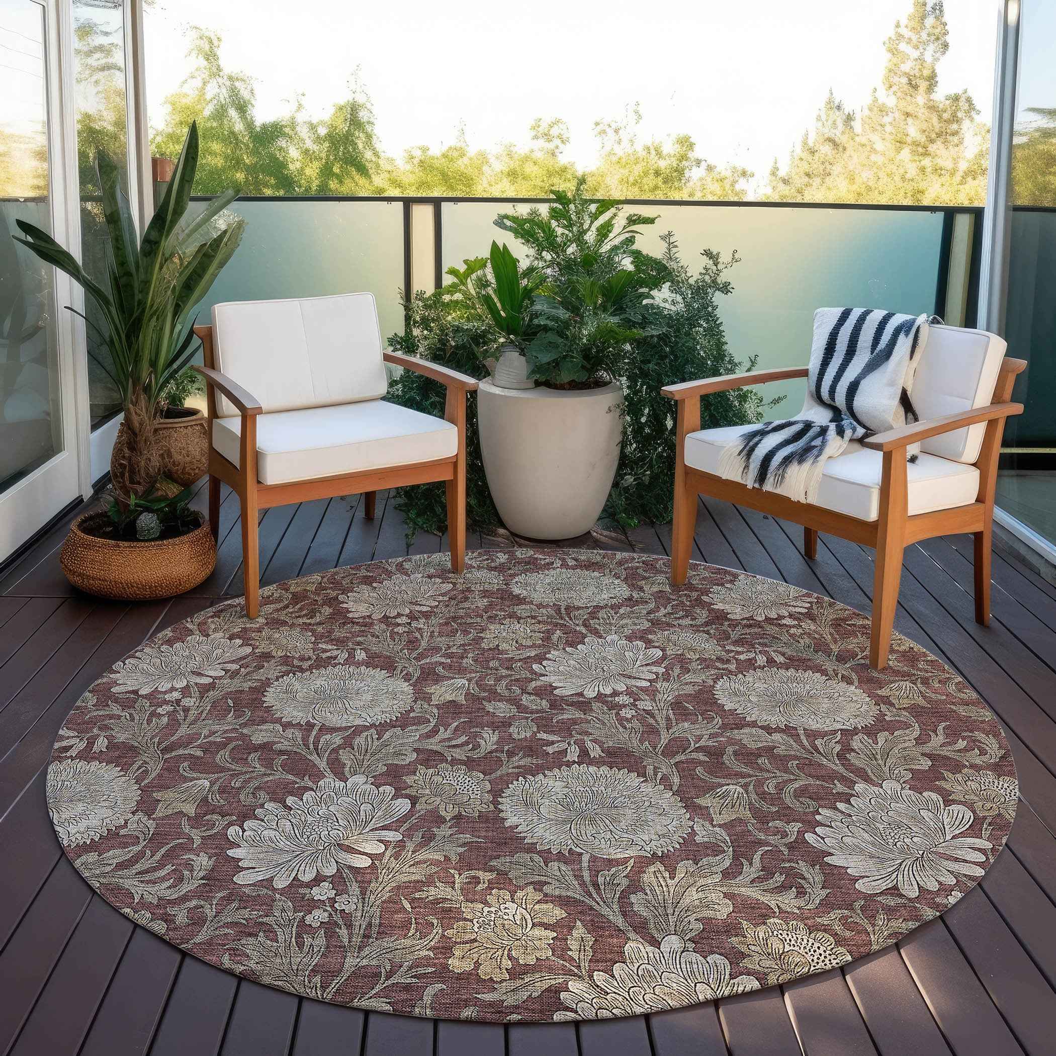 8' Merlot Taupe And Beige Round Floral Washable Indoor Outdoor Area Rug