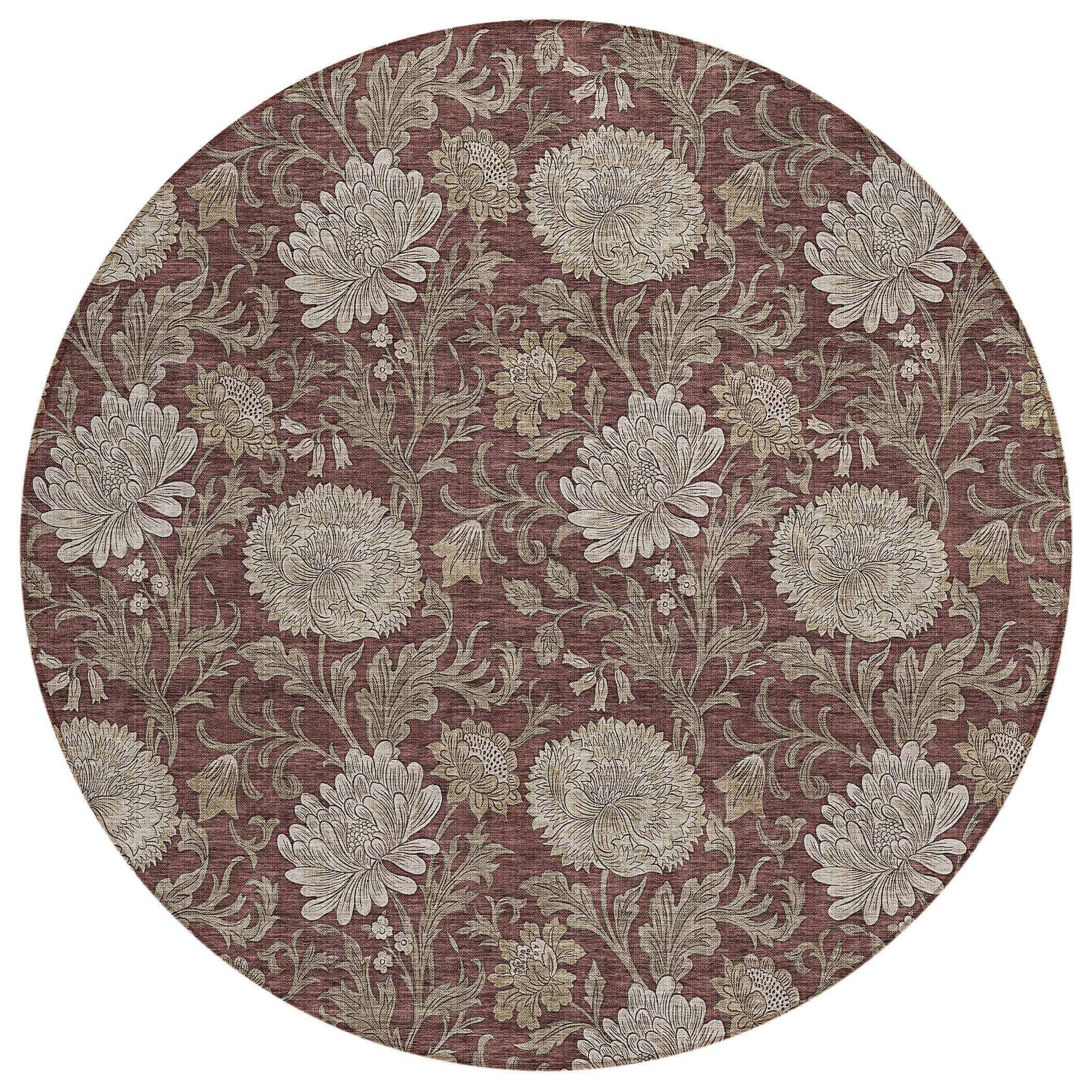 8' Merlot Taupe And Beige Round Floral Washable Indoor Outdoor Area Rug