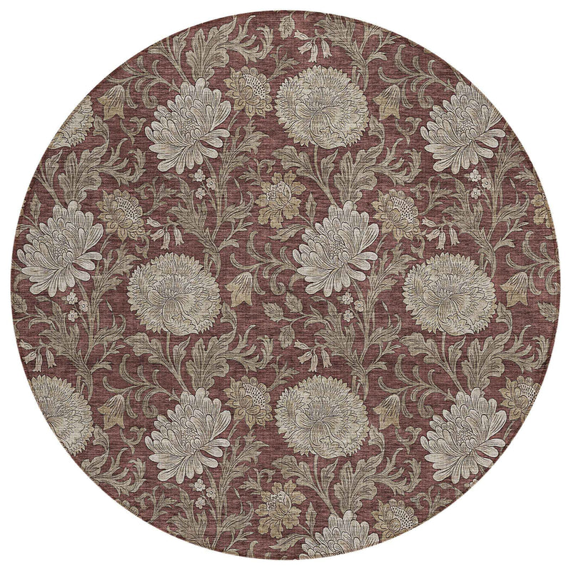 8' Merlot Taupe And Beige Round Floral Washable Indoor Outdoor Area Rug