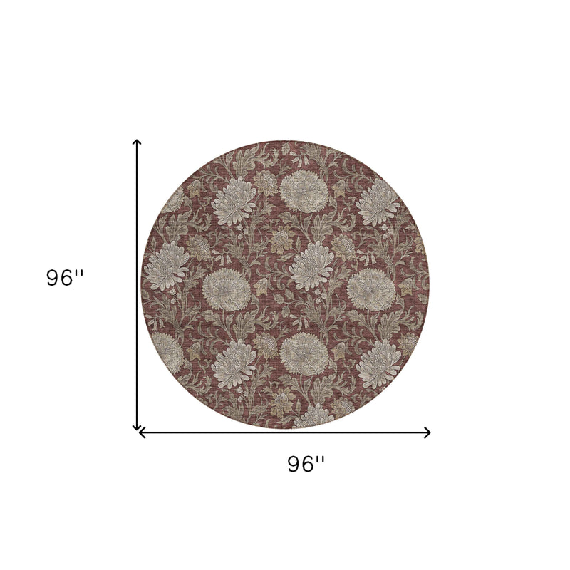 8' Merlot Taupe And Beige Round Floral Washable Indoor Outdoor Area Rug