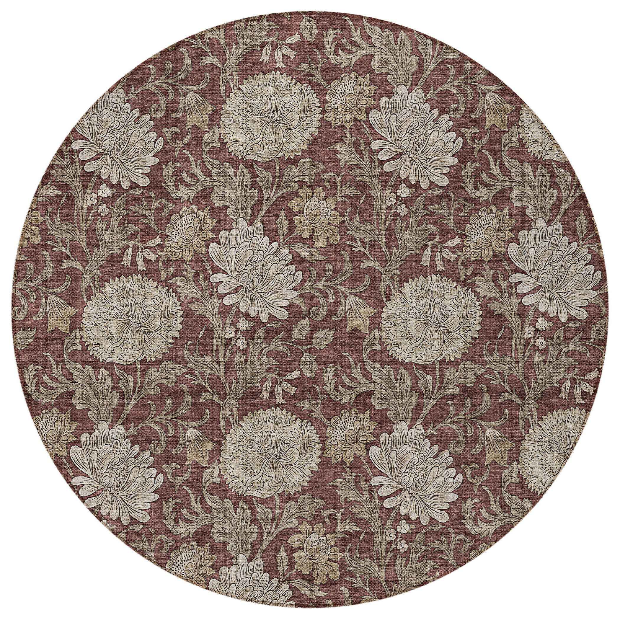 8' Merlot Taupe And Beige Round Floral Washable Indoor Outdoor Area Rug