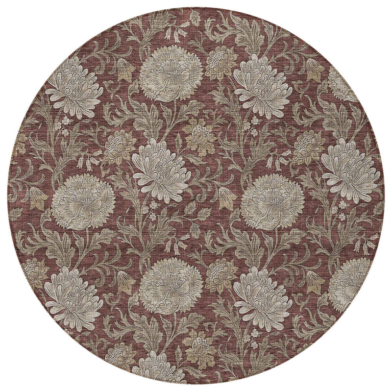 8' Merlot Taupe And Beige Round Floral Washable Indoor Outdoor Area Rug