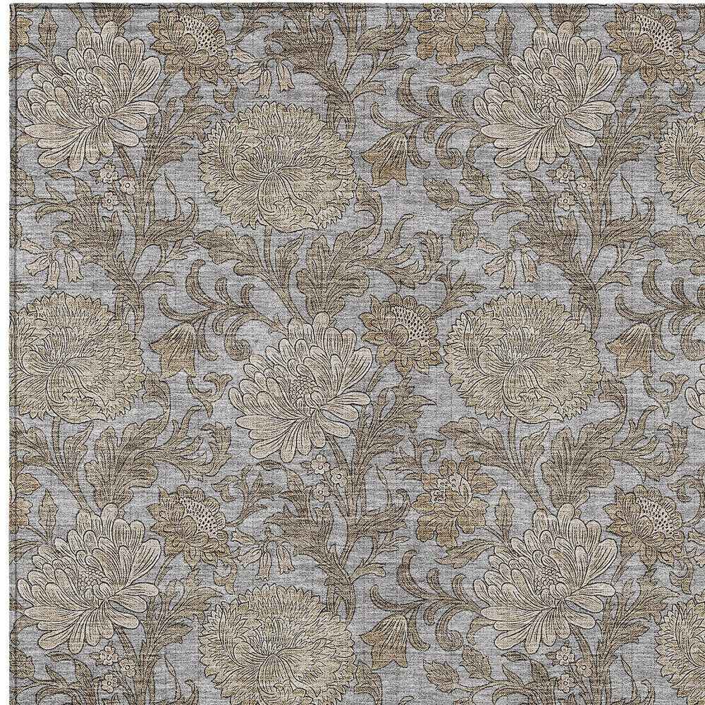 8' X 10' Gray Silver And Taupe Floral Washable Indoor Outdoor Area Rug