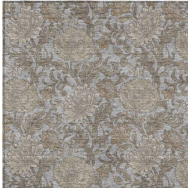 8' X 10' Gray Silver And Taupe Floral Washable Indoor Outdoor Area Rug