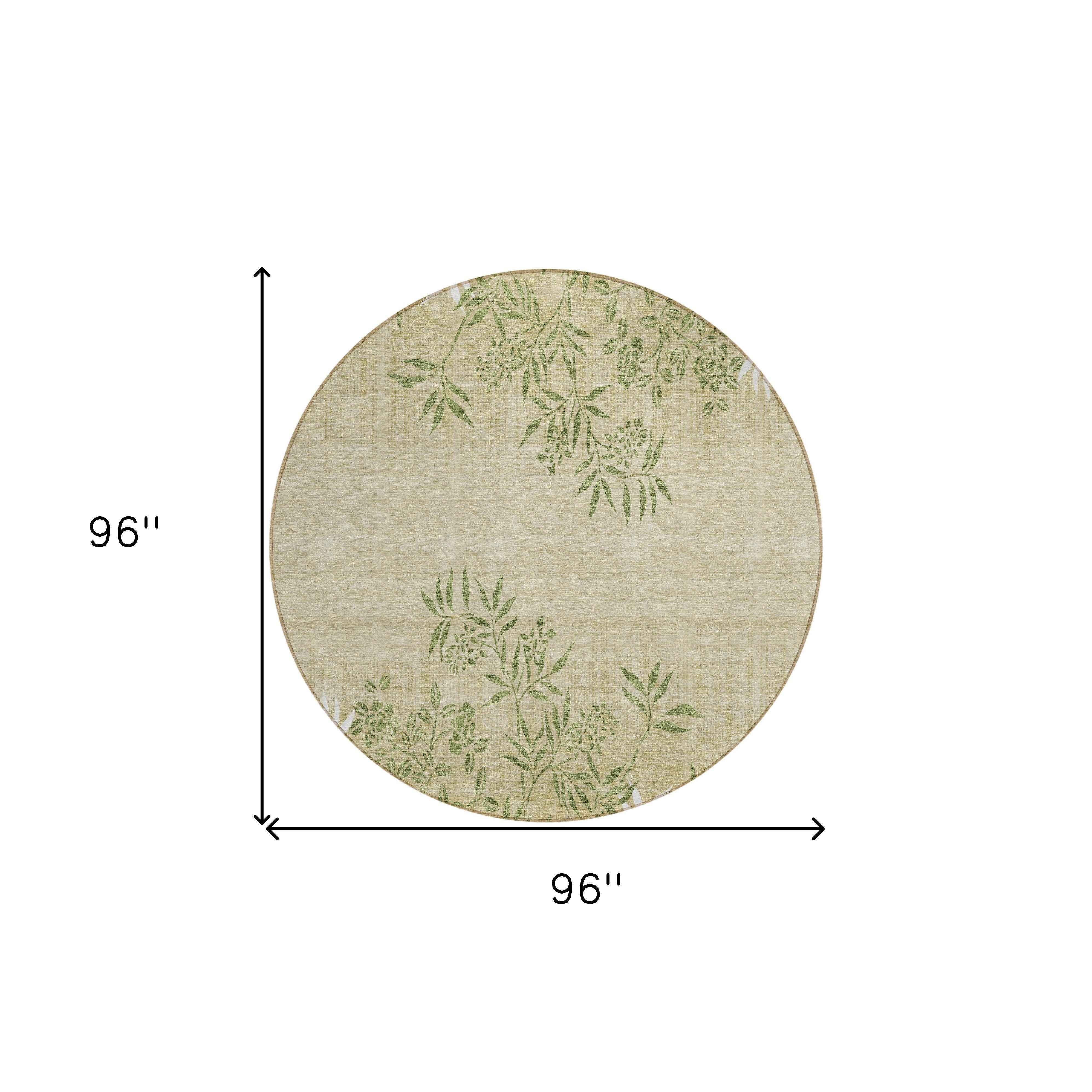 8' Khaki Ivory And Green Round Floral Washable Indoor Outdoor Area Rug