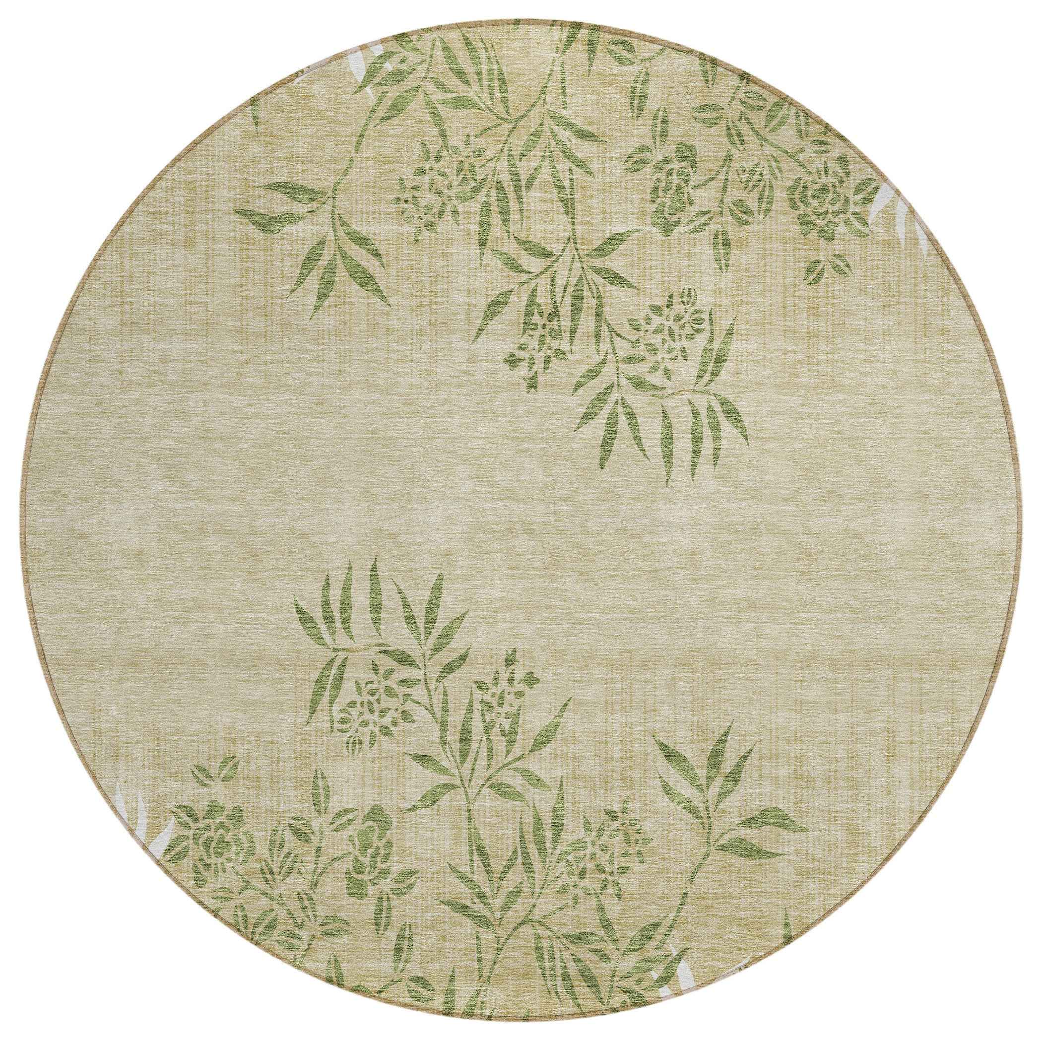 8' Khaki Ivory And Green Round Floral Washable Indoor Outdoor Area Rug