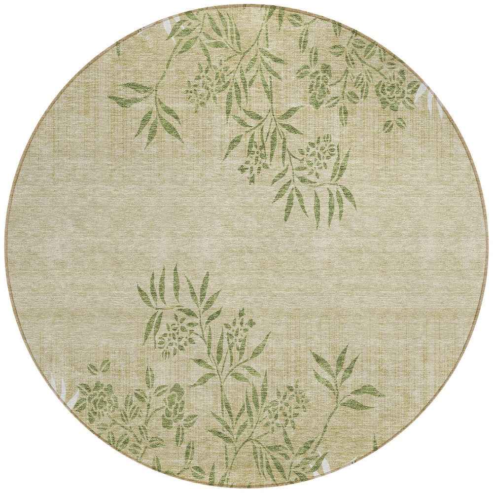 8' Khaki Ivory And Green Round Floral Washable Indoor Outdoor Area Rug