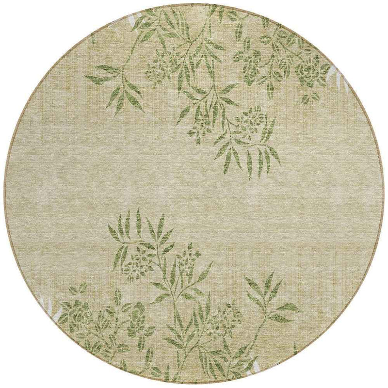 8' Khaki Ivory And Green Round Floral Washable Indoor Outdoor Area Rug